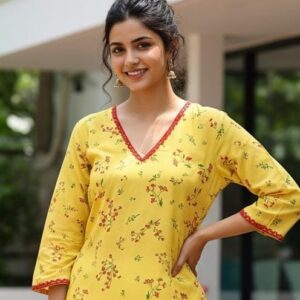 Home lemon blossom & cherry trim kurti